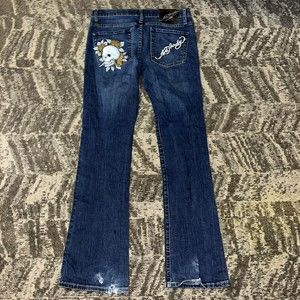 Vintage Don Ed Hardy Christian Audiger Skull Denim Jeans Womens Size 30 x 32